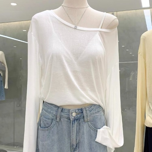 Women's Off-Shoulder Long Sleeve Loose T-Shirt - European Style, Air Conditioning, Sun Protection - Summer Fashion Essential