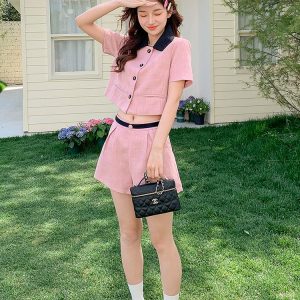 Women's Pink Color-Blocking Two-Piece Set - Summer 2025 Short Sleeve Top and Shorts for Petite Sizes, Trendy Casual Fashion