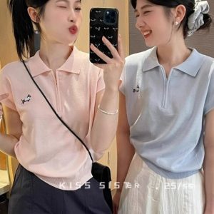 Women's Pink Cropped Short-Sleeve Knitted Polo Half-Zip Top - Stylish, Youthful Design for a Trendy Look