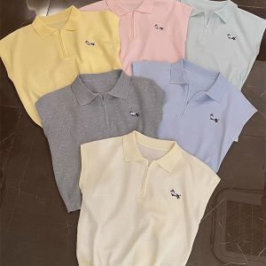 Women's Pink Cropped Short-Sleeve Knitted Polo Half-Zip Top - Stylish, Youthful Design for a Trendy Look