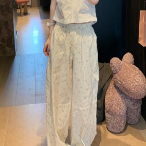 Women's Pink Floral Wide-Leg Pants - Casual High-Waisted Trousers for Summer 2025, Loose Fit, Floor-Length Style