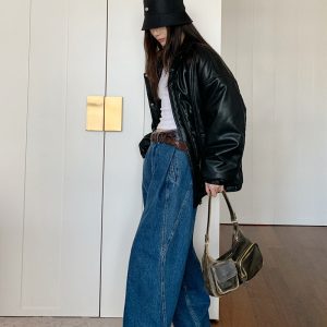 Women's Pleated Denim Pants - Casual Loose Straight Leg Trousers for Autumn Winter 2024 - Trendy 90s Inspired Style