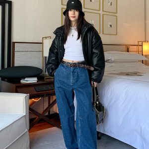 Women's Pleated Denim Pants - Casual Loose Straight Leg Trousers for Autumn Winter 2024 - Trendy 90s Inspired Style