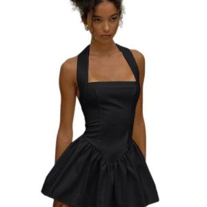 Women's Pleated Mini Camisole Dress with Splicing - Sexy High-Waisted A-Line Skirt, 2025 European American Style