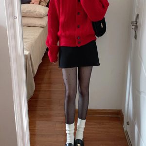 Women's Red Round Neck Knitted Cardigan - Soft Short Sweater Coat for Autumn and Winter, High-End Lazy Style