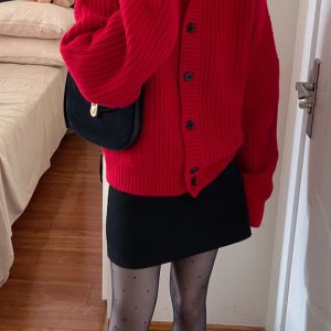 Women's Red Round Neck Knitted Cardigan - Soft Short Sweater Coat for Autumn and Winter, High-End Lazy Style