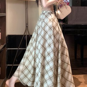 Women's Retro Color-Blocking Plaid A-Line Midi Skirt with Irregular Hem, Summer Loose Fit Elastic Waist