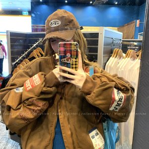 Women's Retro Flight Jacket - Loose Cotton-Padded Denim Coat, American Sweetheart Style, Winter Baseball Jacket