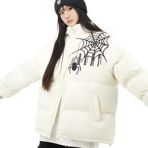 Women's Retro Heavy-Duty Cotton Jacket with Spider Embroidery - Loose Fit Couples Winter Jacket in American Style