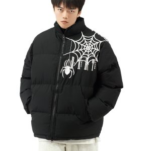 Women's Retro Heavy-Duty Cotton Jacket with Spider Embroidery - Loose Fit Couples Winter Jacket in American Style