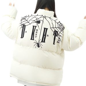 Women's Retro Heavy-Duty Cotton Jacket with Spider Embroidery - Loose Fit Couples Winter Jacket in American Style