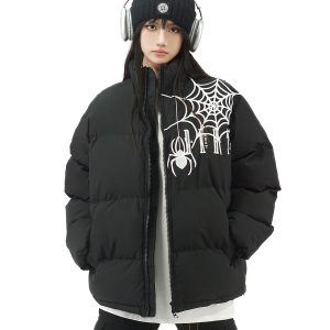 Women's Retro Heavy-Duty Cotton Jacket with Spider Embroidery - Loose Fit Couples Winter Jacket in American Style