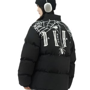 Women's Retro Heavy-Duty Cotton Jacket with Spider Embroidery - Loose Fit Couples Winter Jacket in American Style