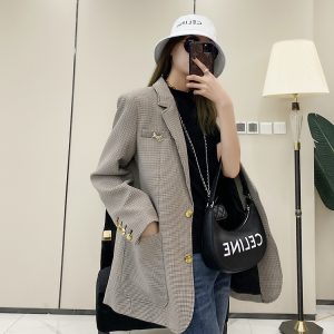 Women's Retro Plaid Suit Jacket - European Style, Lapel Design, Autumn Fashion, Classic British Temperament