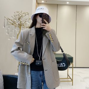 Women's Retro Plaid Suit Jacket - European Style, Lapel Design, Autumn Fashion, Classic British Temperament