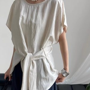 Women's Round Neck Waist-Tied Short Sleeve Shirt with Flutter Sleeves - 2025 Summer Trendy Top for a Unique Temperament