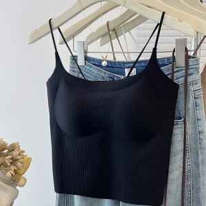 Women's Seamless Back Bra Tank Top, Solid Color, Slim Fit Spaghetti Strap Short Top for Underwear as Outerwear, 2025 New Style