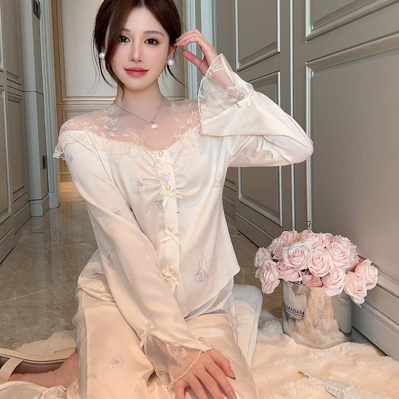 Women's Sexy Lace Ice Silk Satin Long Sleeve Pajama Set for Spring Autumn - Comfortable Homewear with Long Pants