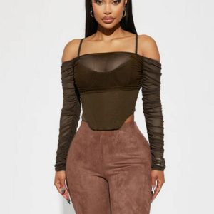 Women's Sexy Mesh See-Through Off-the-Shoulder Long Sleeve Irregular Waist-Cinching Fitted Top T-Shirt - Y2K Style