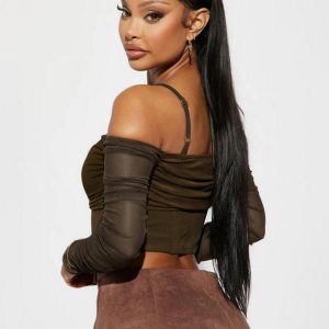 Women's Sexy Mesh See-Through Off-the-Shoulder Long Sleeve Irregular Waist-Cinching Fitted Top T-Shirt - Y2K Style