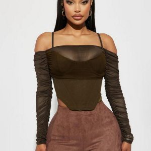 Women's Sexy Mesh See-Through Off-the-Shoulder Long Sleeve Irregular Waist-Cinching Fitted Top T-Shirt - Y2K Style