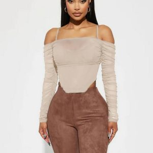 Women's Sexy Mesh See-Through Off-the-Shoulder Long Sleeve Irregular Waist-Cinching Fitted Top T-Shirt - Y2K Style