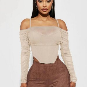 Women's Sexy Mesh See-Through Off-the-Shoulder Long Sleeve Irregular Waist-Cinching Fitted Top T-Shirt - Y2K Style