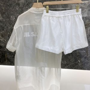 Women's Sheer Silk Mid-Length Shirt and Elastic Waist Shorts Set with Letter Print - Summer European Fashion Outfit