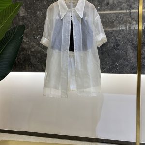 Women's Sheer Silk Mid-Length Shirt and Elastic Waist Shorts Set with Letter Print - Summer European Fashion Outfit