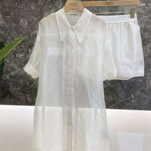 Women's Sheer Silk Mid-Length Shirt and Elastic Waist Shorts Set with Letter Print - Summer European Fashion Outfit
