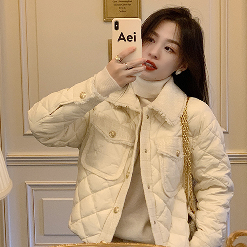 Women's Short Down Jacket with Small Check Pattern, Warm Cotton Coat for Winter, High-End Niche Style, Chic Outerwear