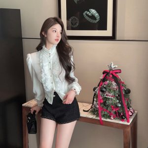 Women's Short Ruffled Long Sleeve White Satin Blouse with Stand Collar - Autumn Winter French Style Top