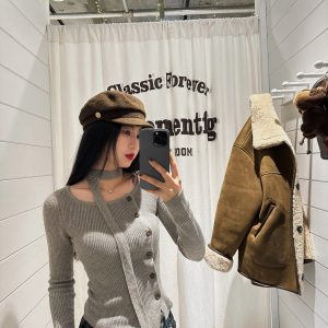 Women's Slim Fit Asymmetrical Neck Halter Tie Wool Knit Top - Slightly Tipsy Heartbeat & Pure Desire Design, Y2K Style