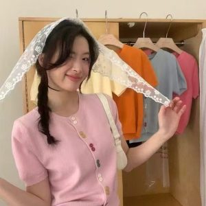 Women's Slim Fit Round Neck Short Sleeve Knitted Cardigan - Stylish Summer T-Shirt Top for a Youthful Look