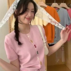 Women's Slim Fit Round Neck Short Sleeve Knitted Cardigan - Stylish Summer T-Shirt Top for a Youthful Look