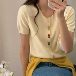 Women's Slim Fit Round Neck Short Sleeve Knitted Cardigan - Stylish Summer T-Shirt Top for a Youthful Look