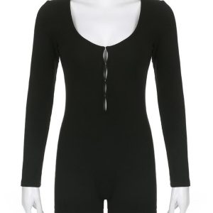 Women's Solid Color Hollow Slim Long Sleeve Jumpsuit - Autumn Fashion, European & American Style