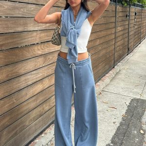 Women's Solid Color Loose Sweatpants - Casual Streetwear with Elastic Waist, Drawstring, and Straight Leg for Autumn Winter