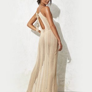 Women's Solid Color Sleeveless Beach Dress - Knitted Hollow Swimwear Vacation Long Dress in European and American Style