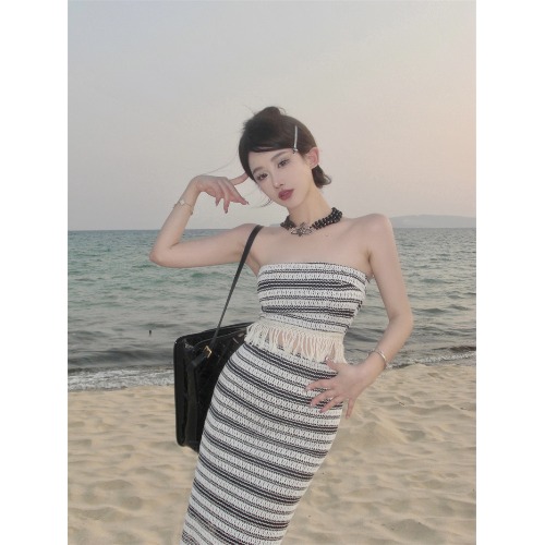 Women's Strapless Beachwear Two-Piece Set, Long Half Skirt and Top, Casual Summer Dress for Vacation and Hot Girls