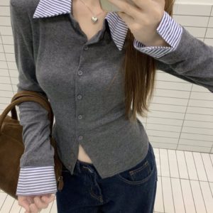 Women's Striped Long Sleeve Polo Collar Cardigan - Fake Two-Piece Design, Slim Fit, Stylish for Autumn & Winter Fashion