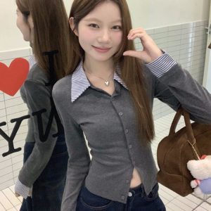 Women's Striped Long Sleeve Polo Collar Cardigan - Fake Two-Piece Design, Slim Fit, Stylish for Autumn & Winter Fashion