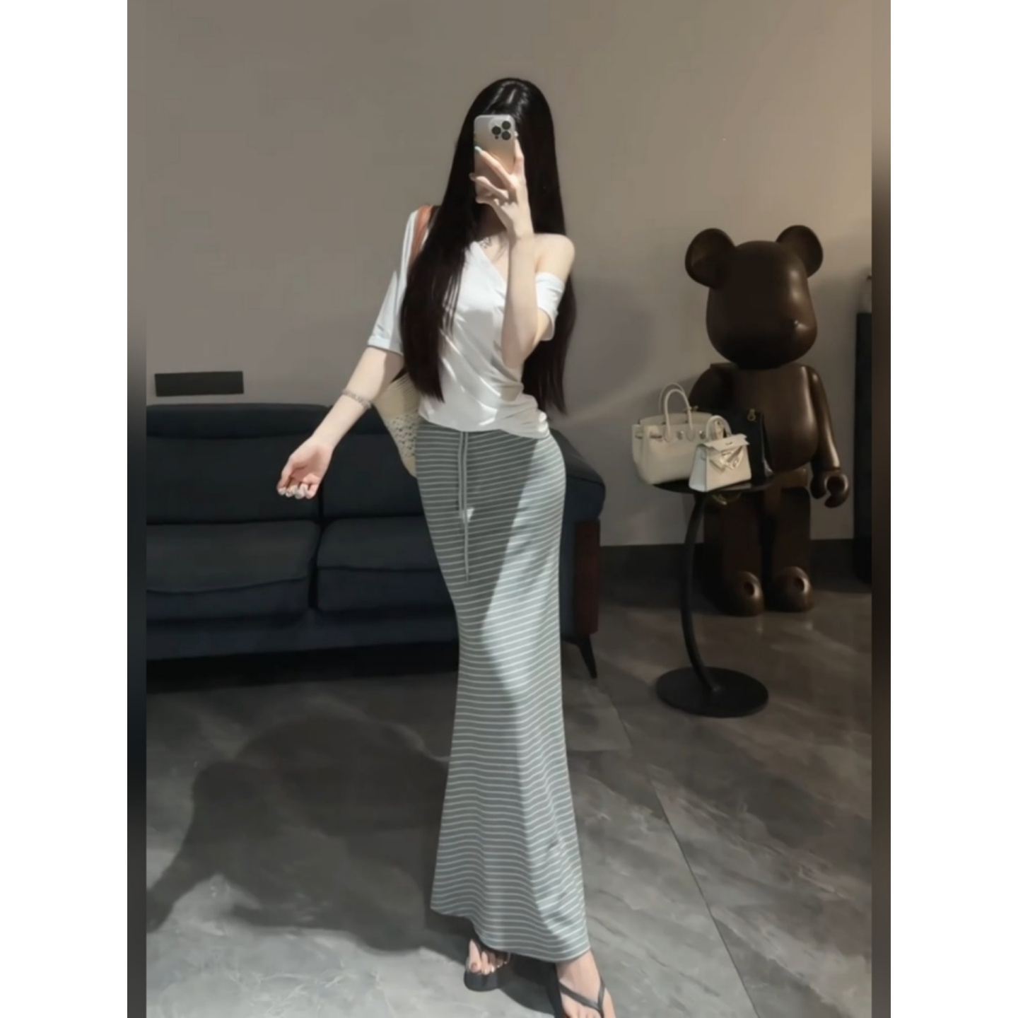 Women's Summer Korean Style Off-Shoulder Short-Sleeve T-Shirt and Bodycon Midi Skirt Two-Piece Leisure Set