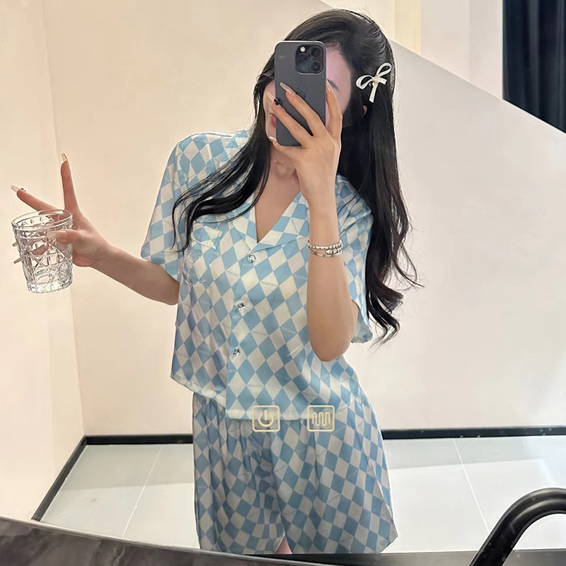 Women's Summer Pajamas Set - Thin Ice Silk Short Sleeve Checkered Two-Piece Home Wear for Relaxing and Lounging