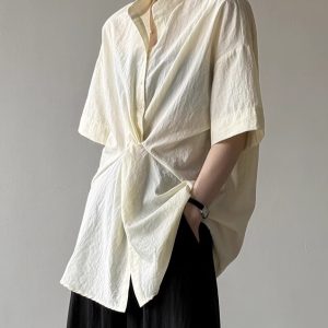 Women's Unique Knotted Waist Mid-Sleeve Shirt - Casual Loose Fit, Elegant Thin Top for Summer 2025, Trendy Fashion Essential