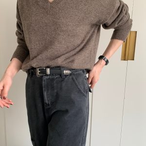 Women's V-Neck Wool Knit Sweater - Cozy Lazy Style Long Sleeve Pullover for Autumn Winter, Perfect for Casual Y2K Fashion