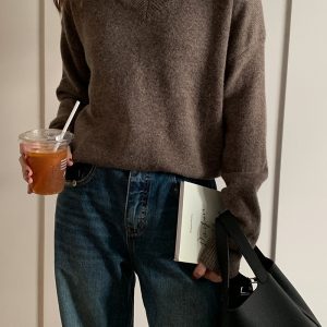 Women's V-Neck Wool Knit Sweater - Cozy Lazy Style Long Sleeve Pullover for Autumn Winter, Perfect for Casual Y2K Fashion