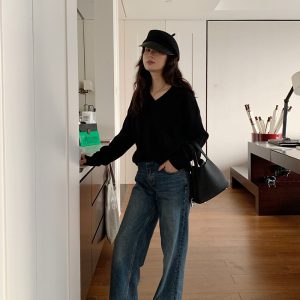 Women's V-Neck Wool Knit Sweater - Cozy Lazy Style Long Sleeve Pullover for Autumn Winter, Perfect for Casual Y2K Fashion