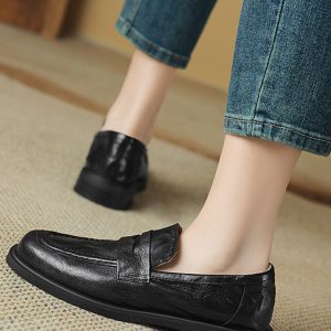 Women's Vintage Round-Toe Chunky-Heeled Loafers, Soft-Soled British Style Slip-On Flats, Retro Lambskin Mid-Heel, Size 41
