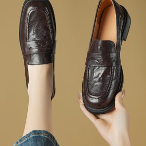 Women's Vintage Round-Toe Chunky-Heeled Loafers, Soft-Soled British Style Slip-On Flats, Retro Lambskin Mid-Heel, Size 41